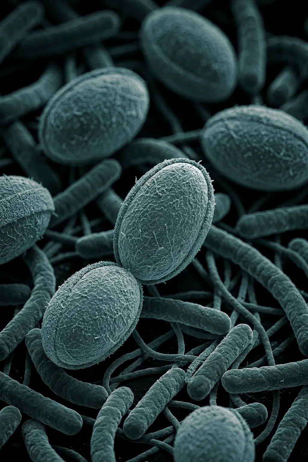 Bacterial spores under electron microscope